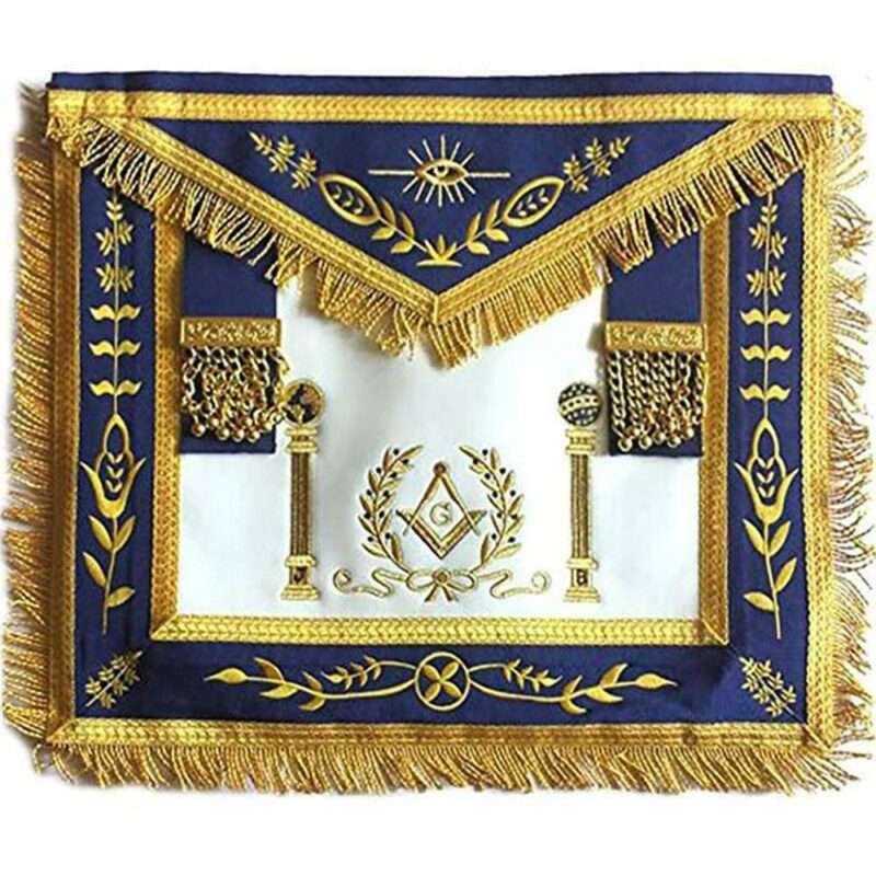 Navy Blue Apron Master Mason Square G & Pillars Freemasons Gold Fringe