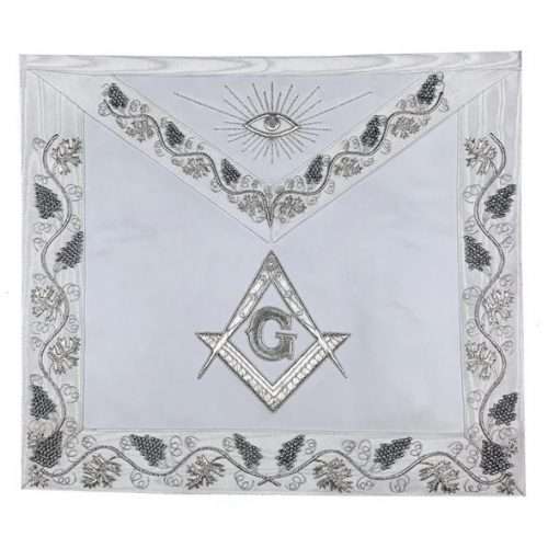 Master Mason Blue Lodge Apron - White Moire Ribbon with Silver Hand Embroidery
